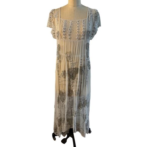 Free People Nylon Beaded Dress Floral‎ sz Medium Ivory Silver Gray EUC - Picture 2 of 8
